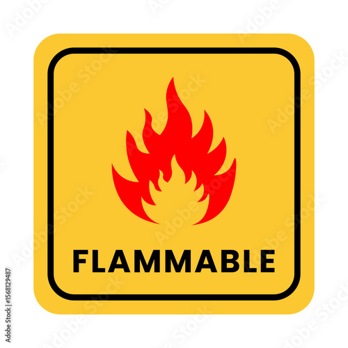 A yellow square sign with rounded corners displaying a red flame and the word flammable at the bottom. Flammable, warning icon png on transparent background.