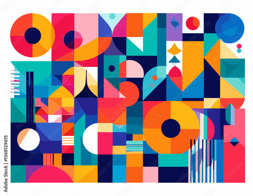Vibrant Geometric Abstract with Interlocking Shapes in Teal Blue Orange and Pink Colors A Modern Design with Circles Triangles and Squares Vibrant Geometric Abstract with Interlocking Shapes in Teal Blue Orange and Pink Colors A Modern Design with Circles Triangles and Squares