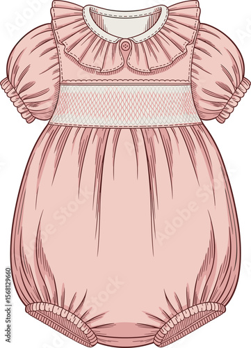 Vintage baby romper fashion flat sketch, puff sleeves, pleated collar, smocked pattern, front view illustration, infant clothing template design
