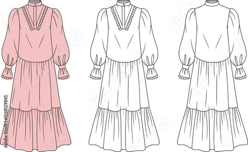 Vintage high-neck tiered maxi dress fashion illustration with ruffle hem, lace detail, puff sleeves, front and back technical views