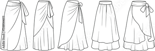 Wrap skirt technical fashion illustration set, long flowing skirts, side drapes, waistband tie detail, flat sketch, vector line art
