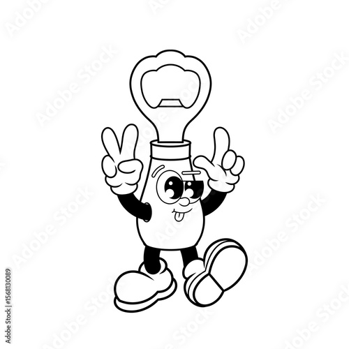 Retro character design of cute bottle opener outline