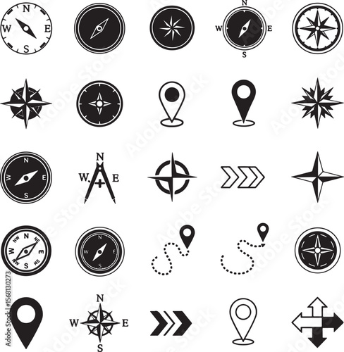 Collection of navigational symbols including compasses location pins and directional arrows vector
