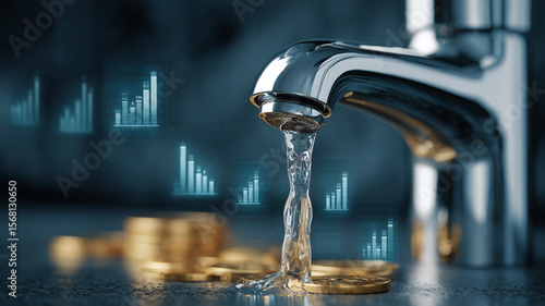 Modern Tap with Digital Overlay and Gold Coins – Smart Utility Concept