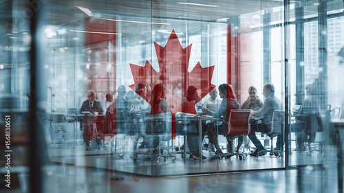 Canadian Business Meeting in Modern Office with Flags and Maple Leaves