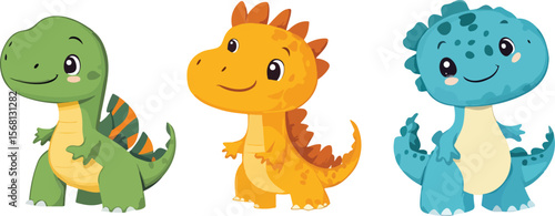 Three Cute Cartoon Dinosaurs Standing Together on a White Background Happy and Smiling