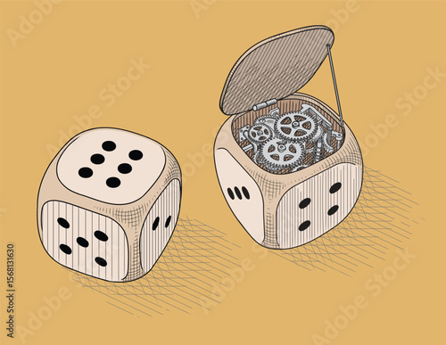 A two dices with an open lid and a secret mechanism inside.