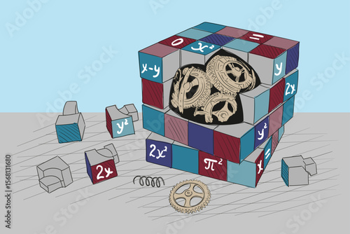 A cube-shaped puzzle with a mechanism inside, disassembled into pieces.
