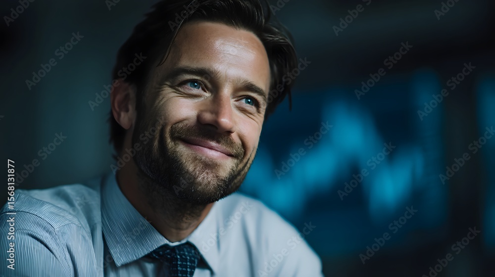 Confident investor smiling at rising chart on screen Confident investor smiling at rising chart on screen