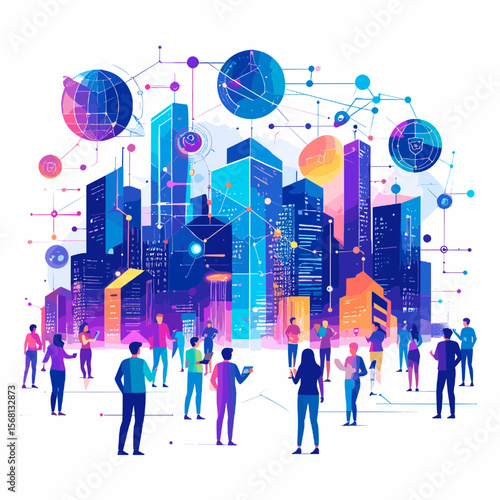 Abstract Cityscape with Connected People Vibrant Networks and Modern Buildings in a Digital Communication Landscape