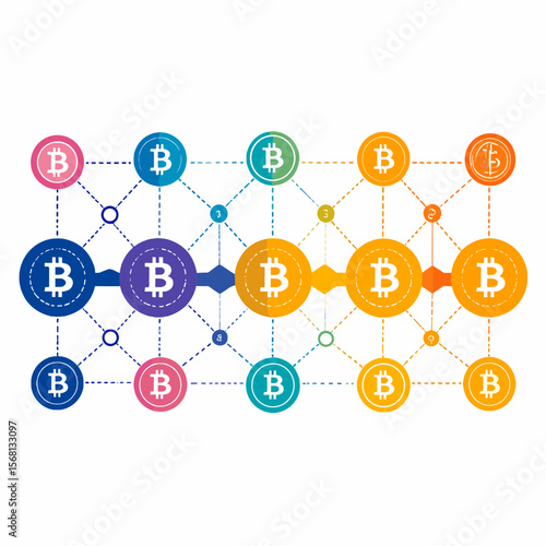 Abstract Colorful Bitcoin Network with Dotted Lines Connecting Nodes on White Background
