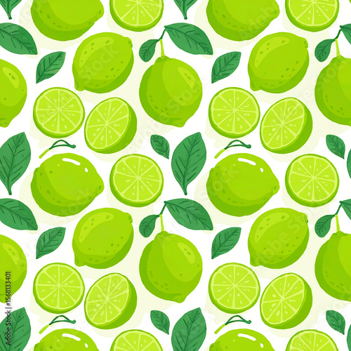 Vibrant green lime slices and whole fruits seamless pattern