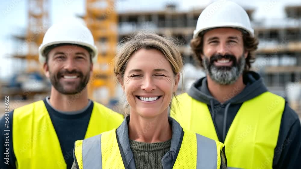 Portrait of smiling male and female construction workers wearing protective helmets, bright vests, standing side by side with construction site of new home behind them, symbolizing Portrait of smiling male and female construction workers wearing protective helmets, bright vests, standing side by side with construction site of new home behind them, symbolizing