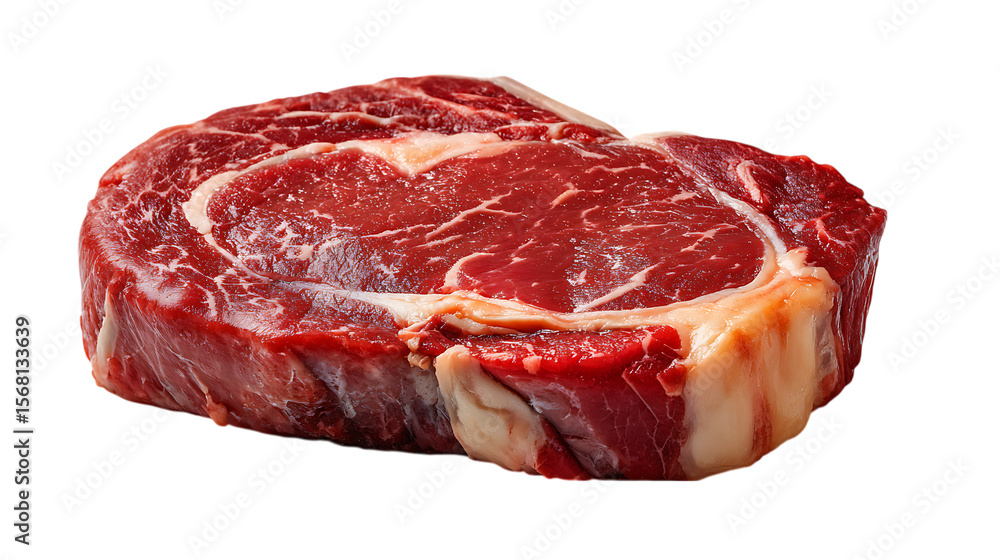 A thick cut prime ribeye steak with marbling and fat isolated on transparent background A thick cut prime ribeye steak with marbling and fat isolated on transparent background
