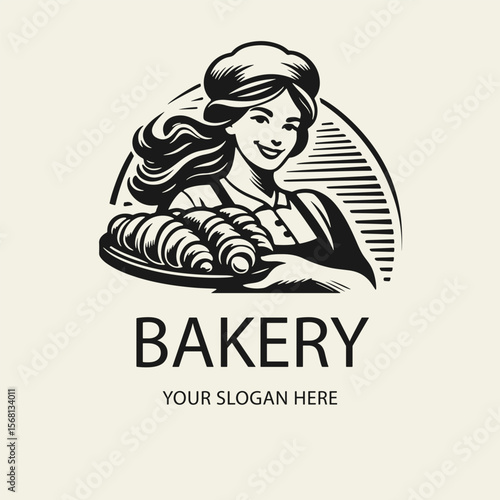 Black and white flat vector logo of a smiling female baker holding a tray of buns. Perfect for bakery branding, pastry shops, or baking-related designs.