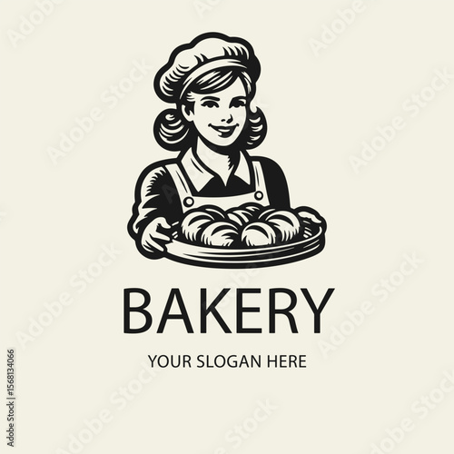 Black and white flat vector logo of a smiling female baker holding a tray of buns. Perfect for bakery branding, pastry shops, or baking-related designs.