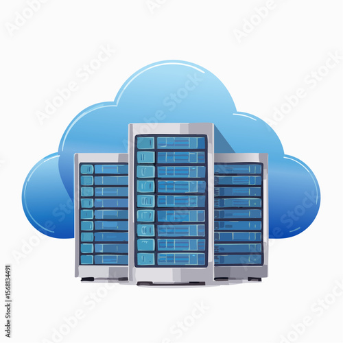 Three Servers Under a Blue Cloud Graphic
