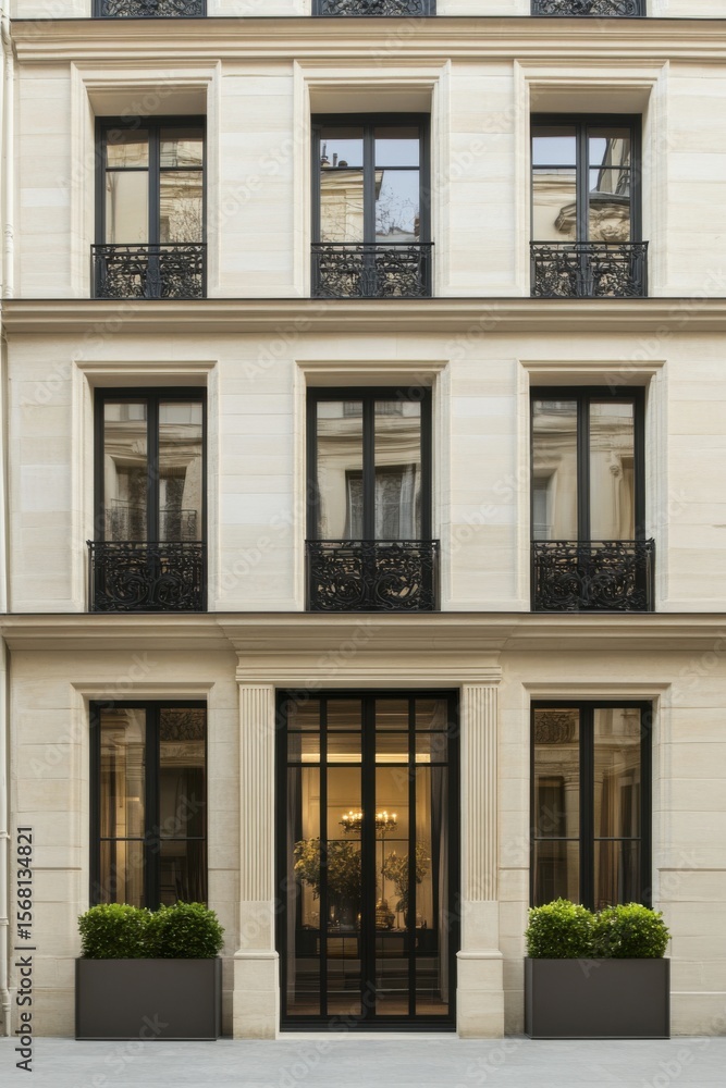 Naklejka premium Elegant Parisian building with modern architecture and wrought iron balconies showcasing urban sophistication in a tranquil courtyard setting