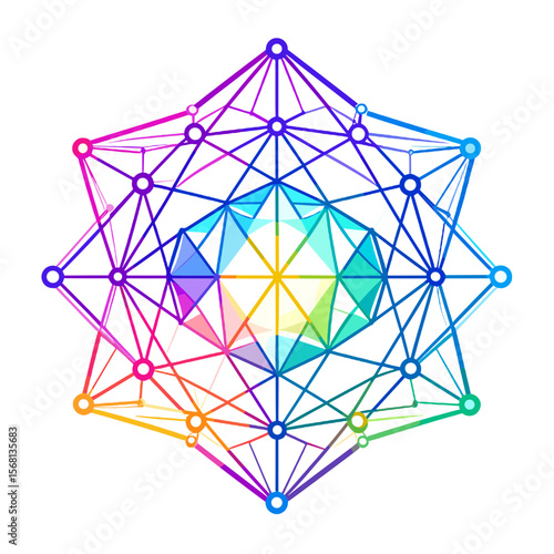 Abstract Geometric Shape with Vibrant Colors and Intricate Lines on White Background Featuring Spheres and Polyhedral Structures