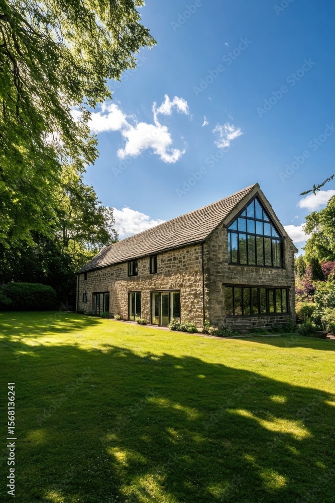 Fototapeta premium A charming stone house nestled amid lush, vibrant greenery, basking in the warm sunlight on a beautiful day with clear blue skies, located in a serene countryside setting