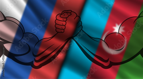 Vector blurred political economic poster. Blurry wavy flags of Russian Federation and Republic of Azerbaijan. Dispute. Powerful hands of men bodybuilders. Arm wrestling