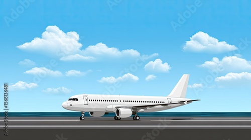 White airplane on runway over water sunny day