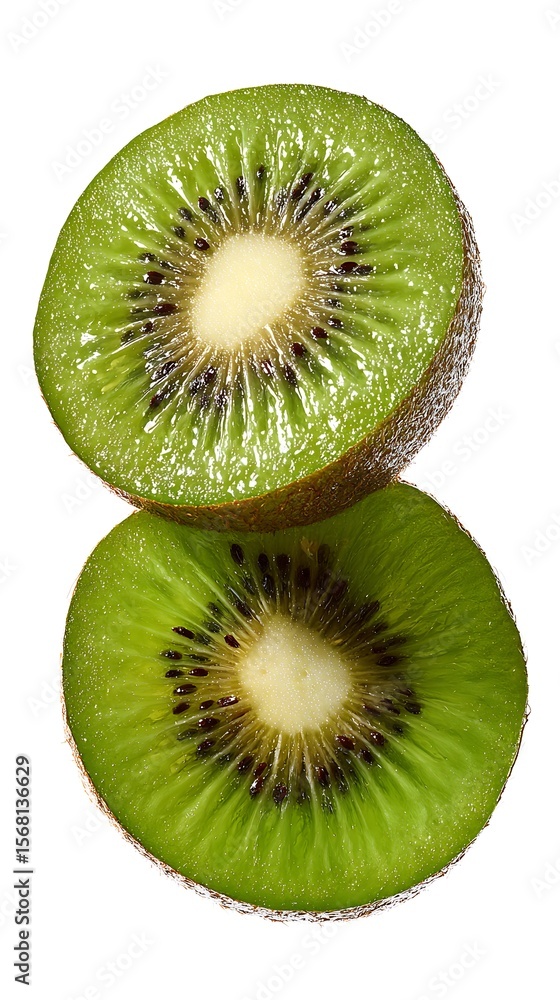 Fototapeta premium Two vibrant green kiwi fruit slices with black seeds isolated on a white background