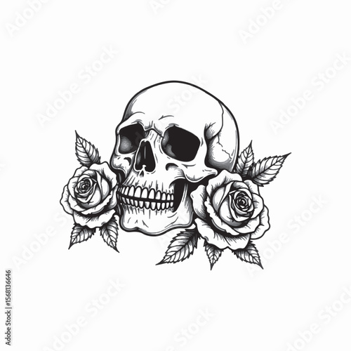 Skull with Roses Black and White Tattoo Style Illustration