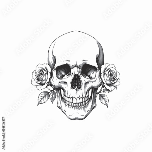Skull with Roses Black and White Tattoo Style Illustration