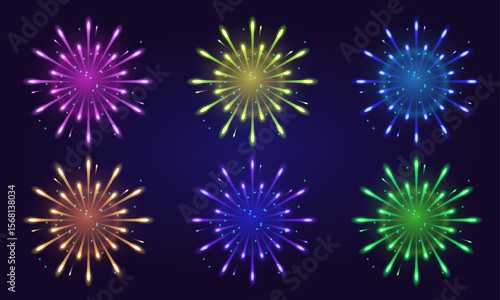Vibrant Set of Colorful Fireworks Bursts 
Perfect for New Year’s Eve, Independence Day, parties, festivals, holiday greeting cards, invitations, posters, web designs, and any celebration