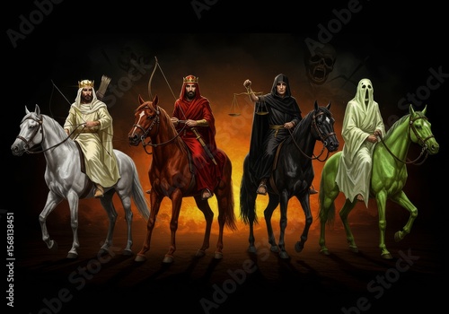 A vivid digital illustration of the Four Horsemen of the Apocalypse (Conquest, War, Famine, Death) on their distinct horses, set against a dark and infernal background. This powerful image represents 