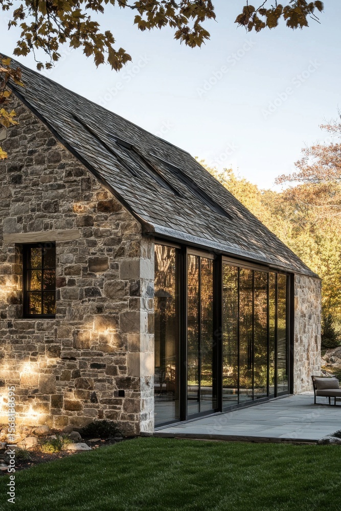 Obraz premium Modern stone house integrates glass in scenic landscape, showcasing contemporary architecture against a backdrop of trees and blue skies during daylight