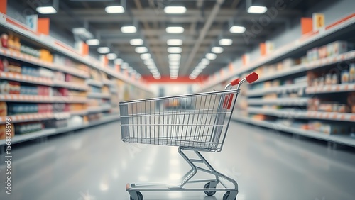 Wallpaper Mural An empty shopping cart in a supermarket aisle, highlighted by soft overhead lighting. Torontodigital.ca