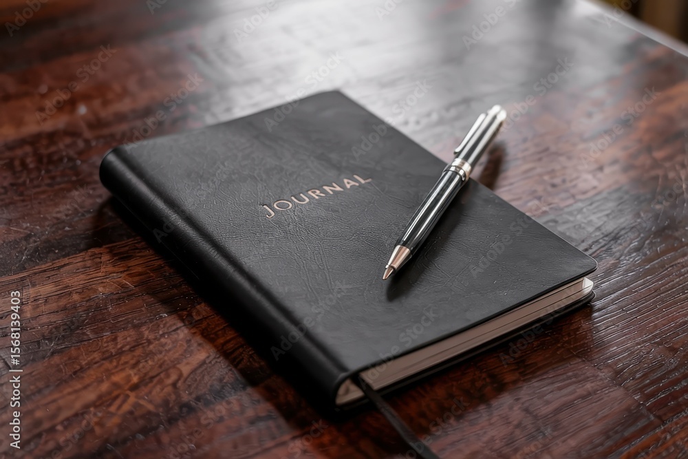 A photograph of a classic black leather notepad resting on a rich, dark mahogany surface A photograph of a classic black leather notepad resting on a rich, dark mahogany surface
