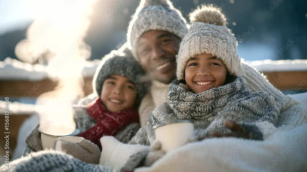 Warm-hearted family gathers around steaming thermos, wearing winter hats and scarves, sitting on snowy bench under radiant sun, sharing warmth and love on crisp outdoor winter day. Warm-hearted family gathers around steaming thermos, wearing winter hats and scarves, sitting on snowy bench under radiant sun, sharing warmth and love on crisp outdoor winter day.