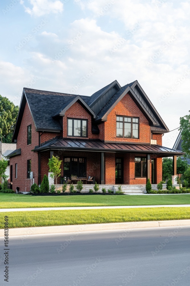 Obraz premium A contemporary brick home featuring a stylish sloped roof sits within a beautifully landscaped yard in a peaceful suburban neighborhood, basking in the warm glow of the late afternoon sun