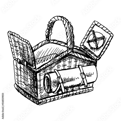 Hand drawn sketch of a wicker picnic basket.⁠