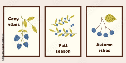 Autumn poster for interior design. Autumn simple poster set. Autumn flyer illustration set. Vector banner fall elements.
