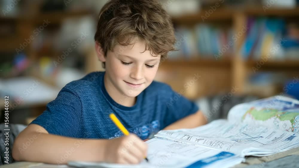 Young boy beams with pride after finishing an assignment, notebook pages filled with neat handwriting, textbook beside him showing colorful diagrams. Young boy beams with pride after finishing an assignment, notebook pages filled with neat handwriting, textbook beside him showing colorful diagrams.