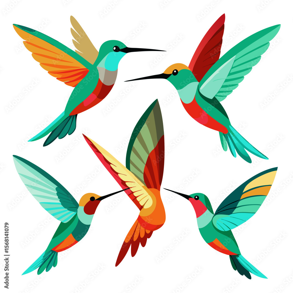 Fototapeta premium A vibrant illustration showcases five stylized hummingbirds in flight each displaying a unique and colorful plumage pattern against a clean white background creating a cheerful