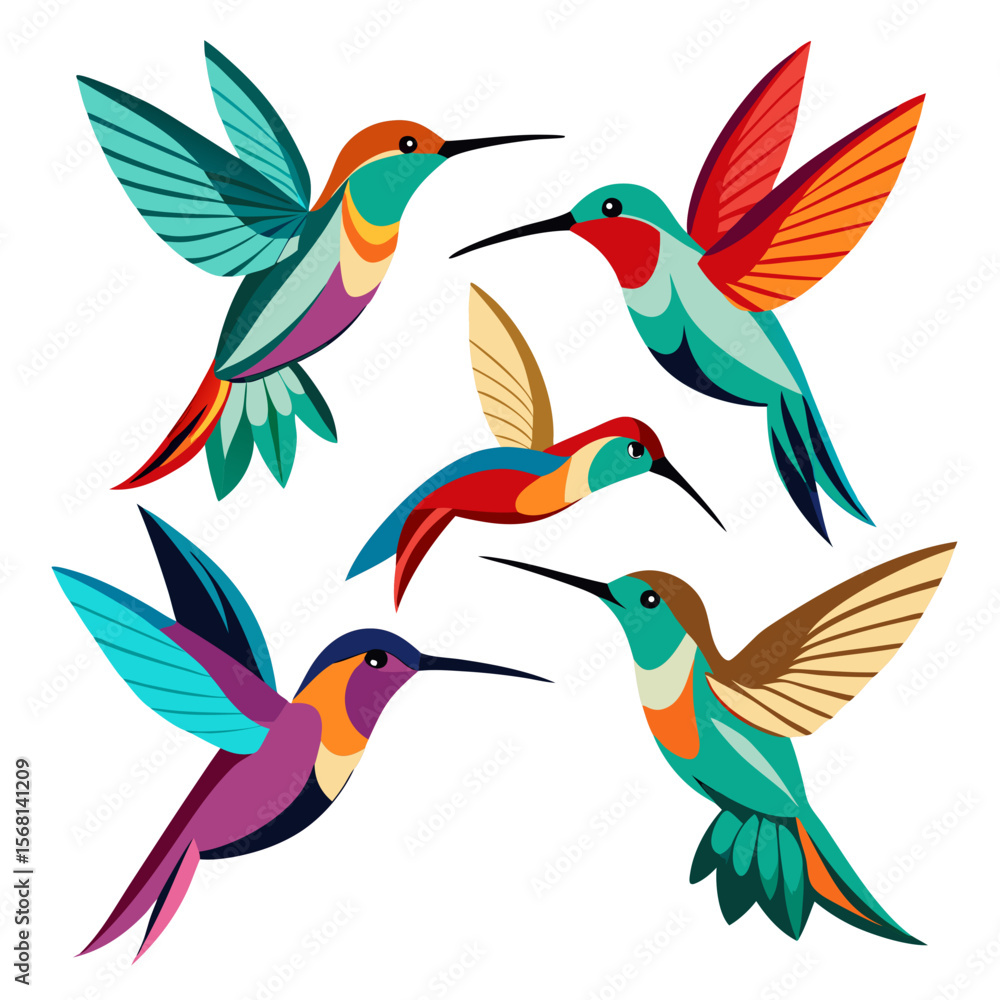 Fototapeta premium Vibrant Hummingbird Collection A Colorful Array of Stylized Birds in Flight Featuring Geometric Wing Patterns and a Clean Modern Aesthetic on a White Background Five