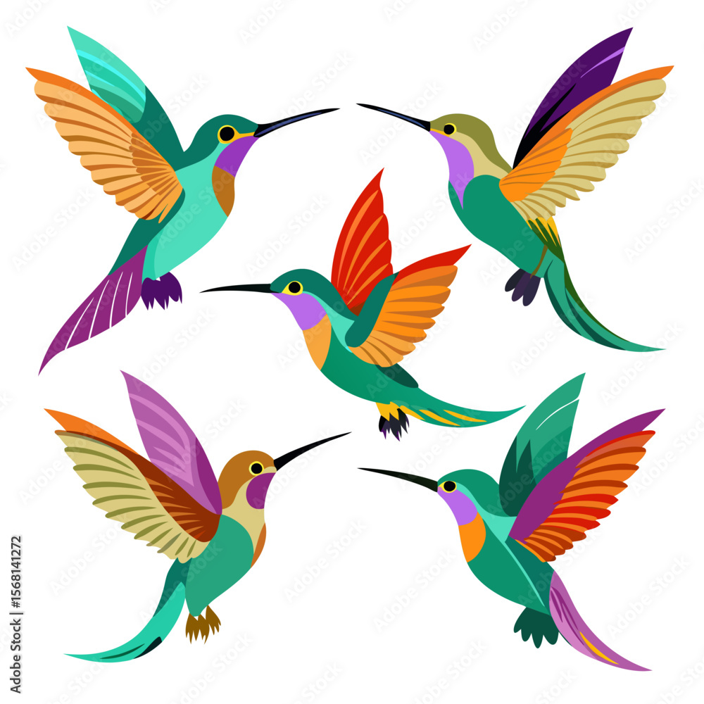 Naklejka premium A vibrant and stylized illustration showcasing five colorful hummingbirds in various poses each displaying unique wing patterns and plumage set against a clean white background