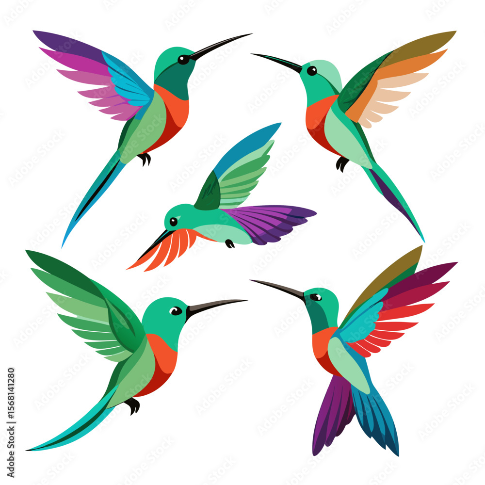 Obraz premium A vibrant collection of five stylized hummingbirds in flight showcasing a variety of colorful wing patterns and sleek elongated beaks against a clean white background