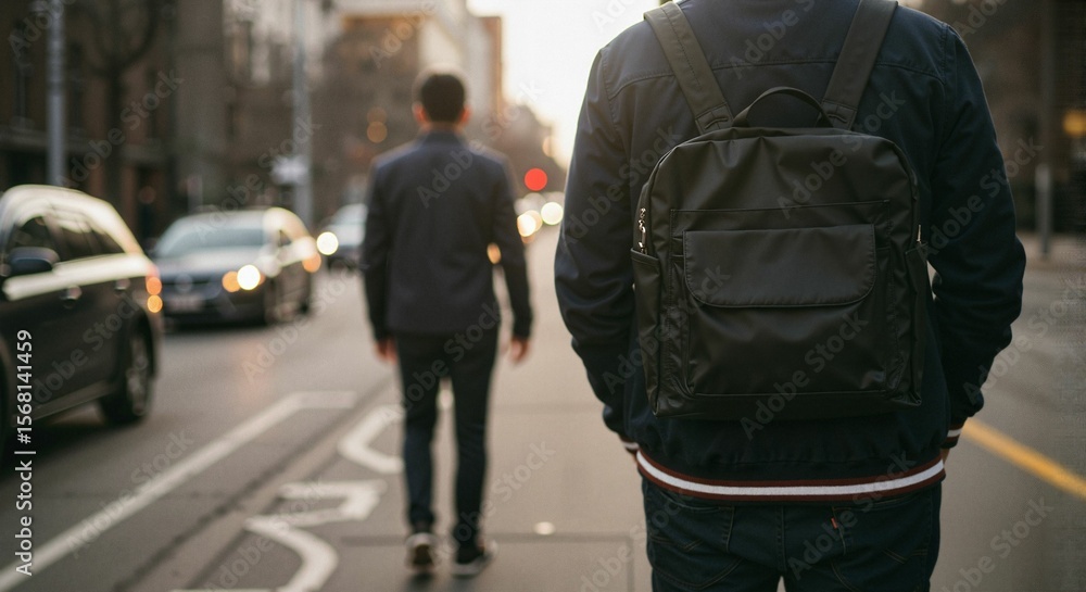 Fototapeta premium Man walking outdoors on city street while another man passes by