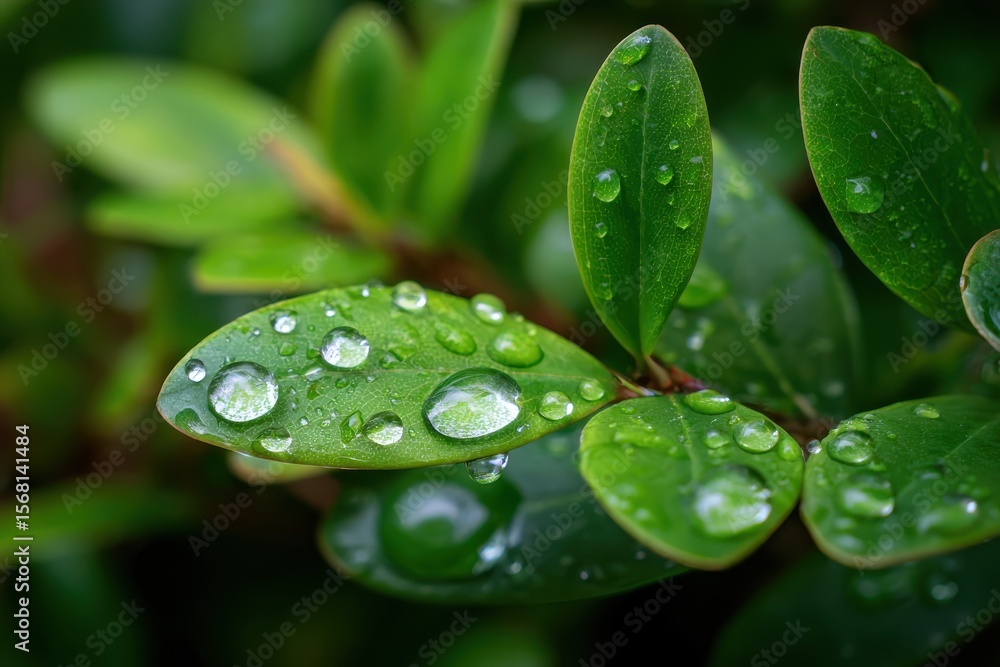 Fototapeta premium Fresh green leaves adorned with crystal clear droplets in a serene natural landscape for relaxation and tranquility enthusiasts