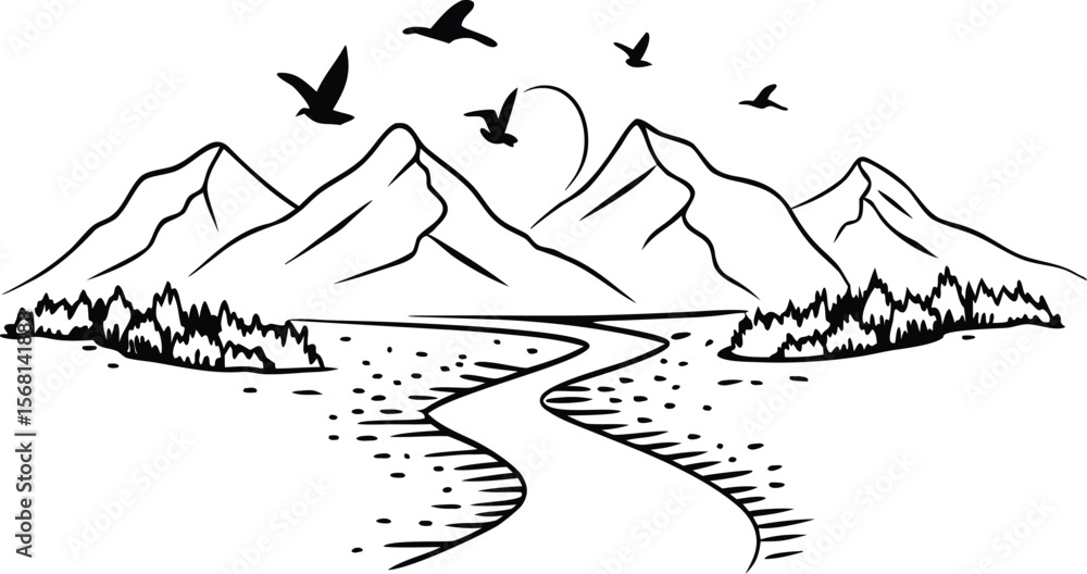 Fototapeta premium Minimalist Mountain Landscape with River and Flying Birds Illustration