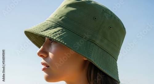 Young caucasian female in green bucket hat observing clear blue sky