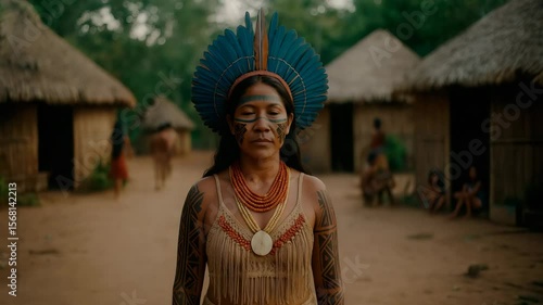 Indigenous Pataxó woman standing with pride in traditional village, cinematic portrait
