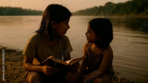 Indigenous children reading a book by the riverbank at sunset, cinematic moment
