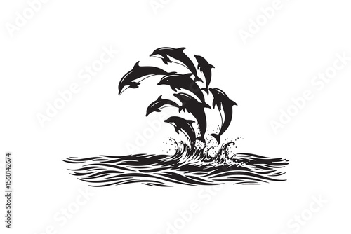Dolphins Splashing Wave Silhouette Vector